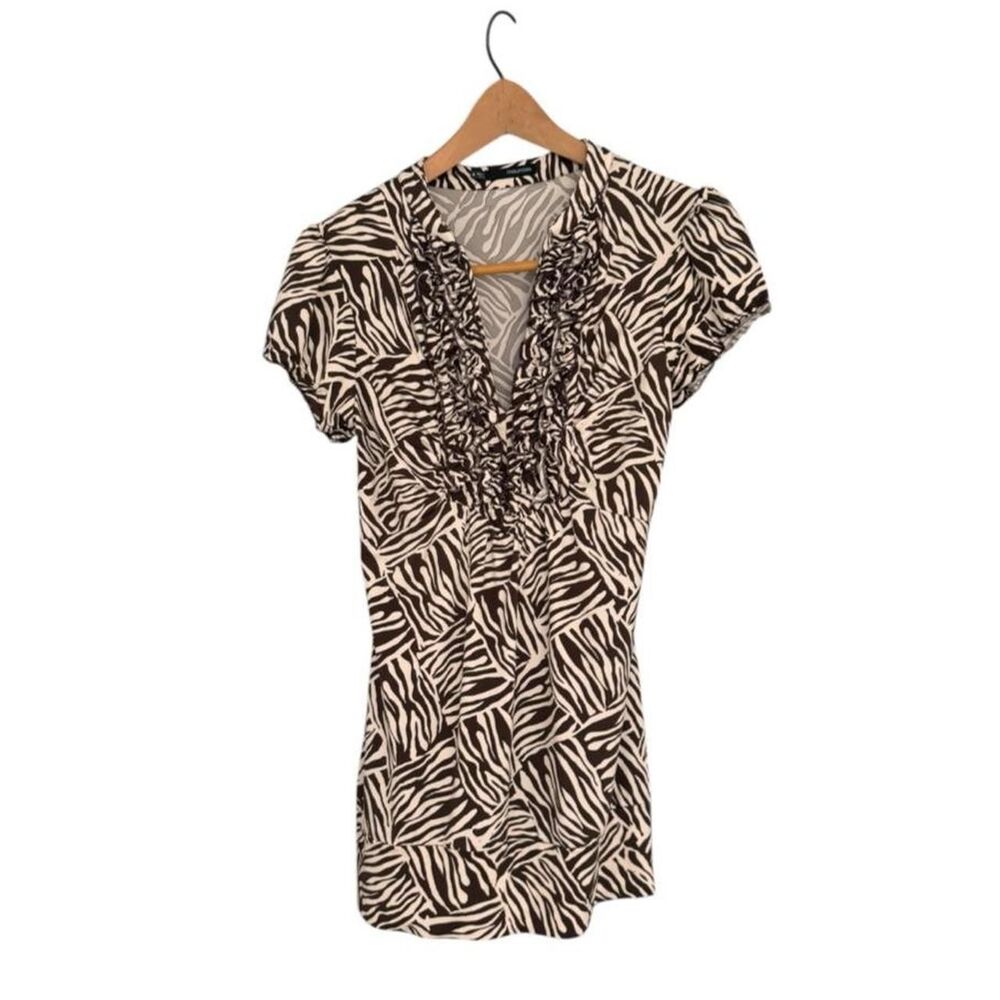 Y2k Maurices black beige zebra print blouse with ruffles size S